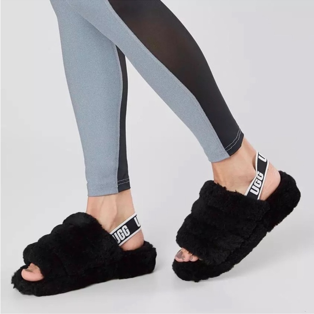 Ugg Fluff Yeah Black Logo Strap Fuzzy Furry Slide Sandals House Slippers Size 6